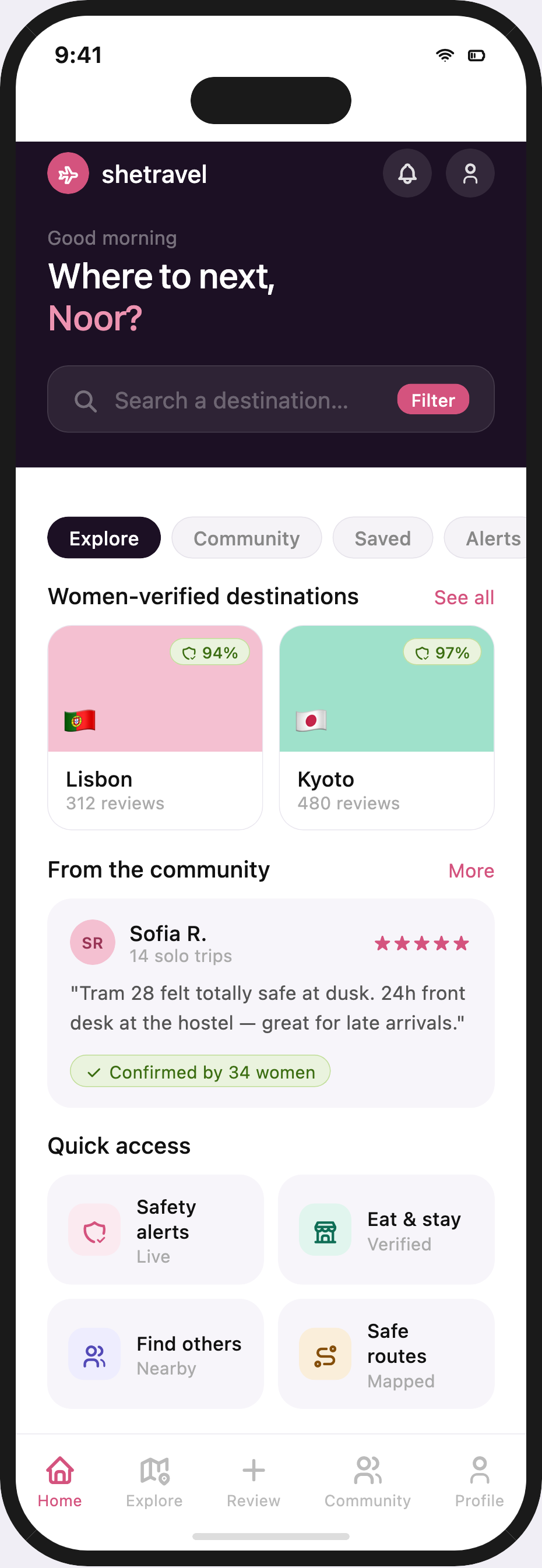 SheTravel app mockup